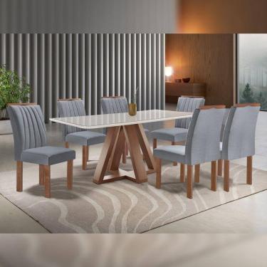 Imagem de Conjunto Mesa Tampo Smart Plus Vidro Kyra 170cmx90cm 6 cadeiras Arizona Chocolate/Off White/Suede Cinza