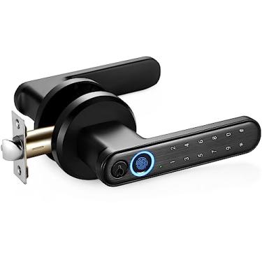 Imagem de Fechadura de porta com impressão digital, maçaneta preta fosca com teclados, senha, impressão digital biométrica 0,2s e chaves, fechadura de porta de entrada sem chave com alça para casa, hotel,