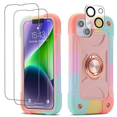Imagem de Cookiver Capa para iPhone 14 Plus de 6,7 polegadas com suporte de anel, com 2 pacotes de película de vidro + 1 pacote de protetor de lente de câmera, capa resistente à prova de choque de grau militar (rosa arco-íris)