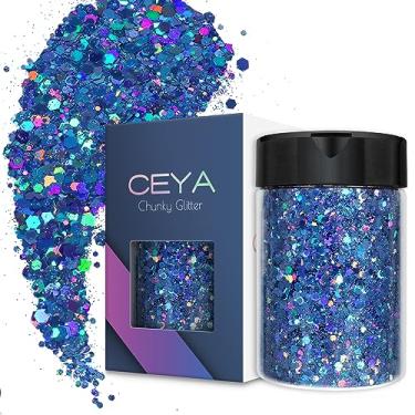 Imagem de Ceya Glitter grosso holográfico, 100 g de pó de glitter para artesanato azul misto de flocos grossos e finos, lantejoulas iridescentes para arte de unhas, cabelo, resina epóxi, copos, geleca, pintura, decoração de festivais