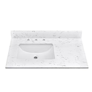 Imagem de EQLOO Pia de banheiro de mármore de pedra projetada de 91 cm com pia retangular de cerâmica à esquerda, três furos para torneira e backsplash (armário não incluído)