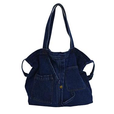 Imagem de Yohora Bolsa de ombro feminina jeans transversal Hobo Bolsa casual leve para trabalho e viagens, Azul escuro, Large