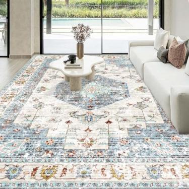 Imagem de Tapete de área boho lavável, 20 x 25 cm, azul, branco, bege, colorido, boho, grande, para sala de estar, antiderrapante, decoração interna, macio, oriental, vintage, quarto, sala de jantar, berçário,