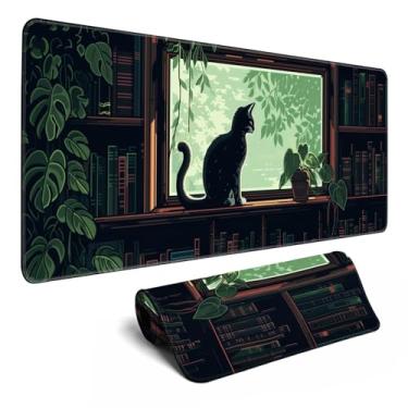 Imagem de Tapete de rato XL para jogos Kawaii fofo gato pixel, tapete de rato extra grande ao ar livre (80 x 30 cm), tapete de mesa verde anime decoração de escritório em casa, tapete de rato, bordas