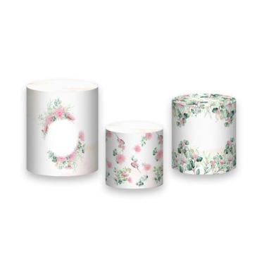 Imagem de Trio de Capas de Cilindro - Folhagens e Flores Verde com Rosa 081 - Vi