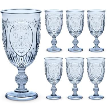 Imagem de 6 peças de taças de água coloridas vintage taças de vinho de plástico de 212 g Taças de água retrô em relevo para bar de vinhos, suco, chá de bebê, recepção de casamento, festa de grande evento (azul)