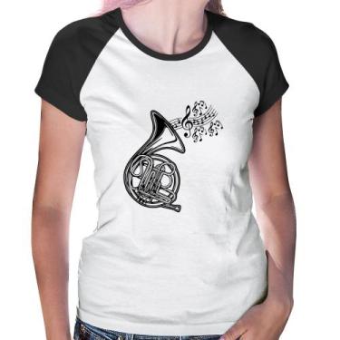 Imagem de Baby Look Raglan Trompa Notas Musicais - Foca na Moda, Branco, Preto, 