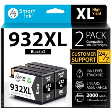 Imagem de Smart Ink Cartucho de tinta compatível com impressoras HP 932XL 932 XL (2 pretos, combo de cartuchos de tinta de pigmento) para usar com impressoras OfficeJet 6600 6700 7510 7610 7612 6100 7620 7110