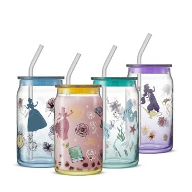 Imagem de JoyJolt Disney Princess Icon Copos de vidro com tampas e canudos, copos de vidro de 473 ml com tampas e canudos ft Princesa Jasmine Ariel Cinderela Belle, 4 peças de copos em forma de lata, xícaras de