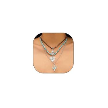 Imagem de GIGB PBDK Conjunto de colar de vaca ocidental turquesa em camadas para mulheres, gargantilha de vaca, conjunto de colar com pingente de cacto, chapéu étnico, prata, cowhead, botas, corrente de contas,