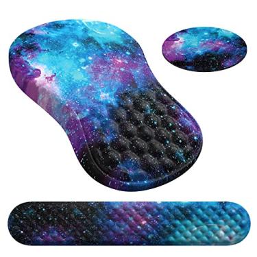 Imagem de HAOCOO Mouse pad suporte de pulso e teclado descanso de pulso, 3 peças mouse pads de computador para mesa com conjunto de porta-copos de espuma de memória mousepad ergonômico com base de poliuretano antiderrapante para escritório em casa, roxo azul galáxia