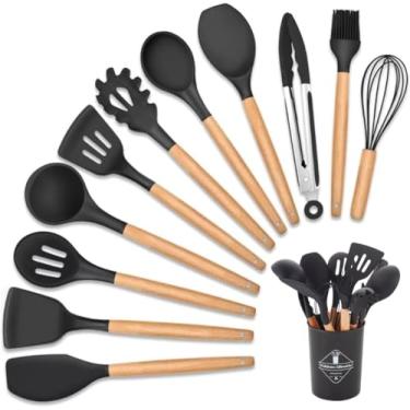 Imagem de Kit Utensílios de Cozinha 12 Peças de Silicone Antiaderente e Cabo de Madeira Possui Espátulas Colheres Pegadores Fouet Pincel e Suporte