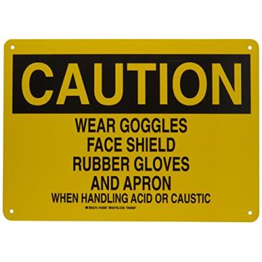 Imagem de Brady 126087 Placa de perigo químico, legenda "Use óculos de proteção facial luvas de borracha e avental ao manusear ácido", 25,4 cm de altura, 35,5 cm de largura, preto em amarelo