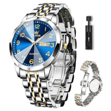 Imagem de OLEVS Relógio Masculino Analógico, Aço Inoxidável, Quartzo, Com Data, Prata, Dois Tons, Grande, À Prova D'água, Luxuoso, Casual, Fácil De Ler, Mostrador Numérico, Masculino