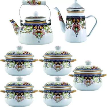 Imagem de Jogo Panelas Chaleira E Leiteira Aço Esmaltadas 7 Peças Indiana