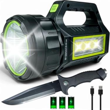 Imagem de Lanterna LED Tática com 7 Modos, 100000 Lúmens, Longo Alcance 500m, Recarregável USB e Solar, Power Bank para Celular + Faca Militar com Bússola, Coldre, Lâmina Afiada e Quebra-Vidro