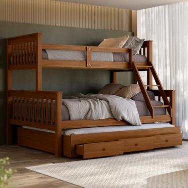 Imagem de Beliche Casal Solteiro De Madeira Woodstore e Aux Casal Com Gavetas (Castanho)