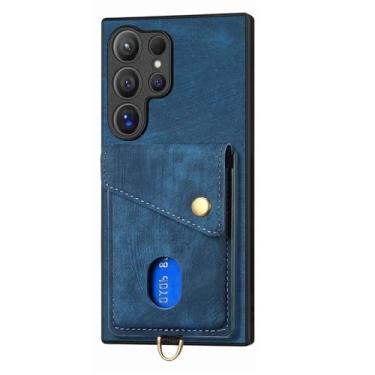 Imagem de LYJSMGZ Capa com alça de pulso para Samsung Galaxy S25 Ultra/S25 Plus/S25, capa fina de couro para cartão, suporte para sucção magnética de veículos, azul, S25 Ultra