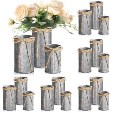 Imagem de Zonon 18 peças de decoração de vaso de fazenda com arco de barbante 11 cm balde de flores galvanizado 15 cm vasos de metal 18 cm rústicos decorados para flores artificiais, mesa de casa, decoração de