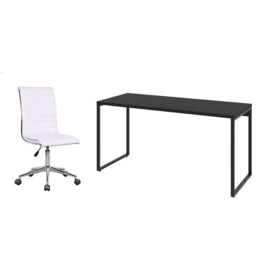 Imagem de Conjunto de Mesa Kuadra I Preta 150 cm com Cadeira de Escritório Secretária Giratória Marilyn Branca
