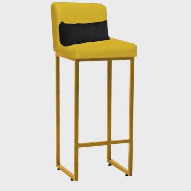 Imagem de Banqueta Alta com Encosto Lucca Industrial Cozinha Balcão Ferro Dourado Suede Amarelo e Almofada Preto- Ahz Móveis