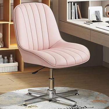 Imagem de Cadeira de secretária moderna sem braços com design de pernas cruzadas, cadeira ergonómica de couro PU para escritório em casa, cadeira de toucador giratória com assento acolchoado confortável, sem