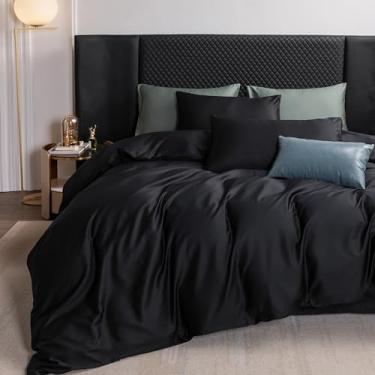 Imagem de MooMee Conjunto de capa de edredom 100% algodão extra longo 600 fios cetim sedoso macio macio respirável durável roupa de cama de qualidade hoteleira, 3 peças (preto, tamanho queen grande 250 x 248 cm
