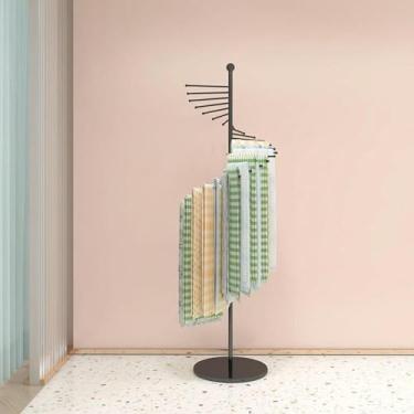 Imagem de LGEOELIAS Suporte giratório de metal para exibição de cachecol para loja de roupas, cinto e organizador hijab com prateleiras que economizam espaço.