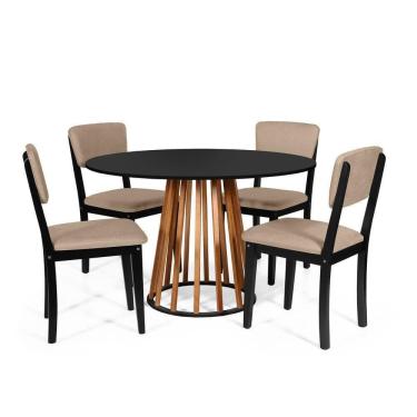 Imagem de Mesa De Jantar Redonda Gabi Nat/pret Com 4 Cadeiras Estofadas Ella Preto/marrom Claro