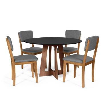 Imagem de Mesa De Jantar Redonda Montreal Pret/nor Com 4 Cadeiras Estofadas Ella Cinza Escuro