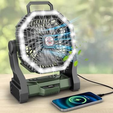 Imagem de Roykaw Ventilador portátil para viagens, ventilador de acampamento recarregável de 10400 mAh, ventilador alimentado por bateria sem fio com luz LED, com alça, gancho para barraca, pesca, verde militar