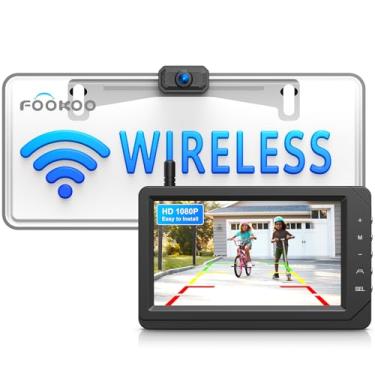Imagem de Fookoo Câmera De Ré Sem Fio Hd 1080P 5 Polegadas, Monitor Com Tela Dividida Visão Traseira, Placa Carro, Linhas Guia Faça Você Mesmo, Ângulo Amplo, À Prova D'Água Ip69, Fácil Instalar Para Caminhone