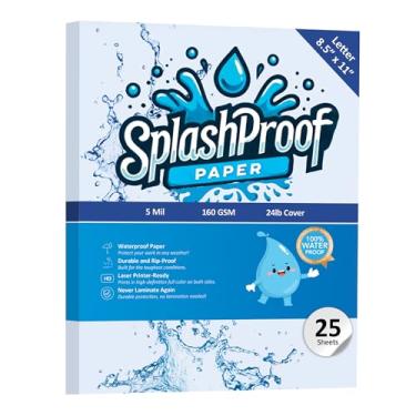 Imagem de SplashProof Papel para impressora - 21,6 cm x 28 cm, papel impermeável de 5 mil, compatível com impressora a laser e máquina de copiar (21,6 cm x 28 cm - carta, 25 folhas)