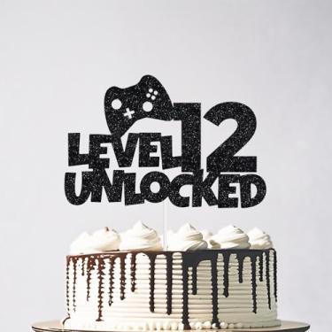 Imagem de Topo de bolo desbloqueado com glitter nível 12 - Topo de bolo de feliz aniversário de 12 anos, decorações de festa de aniversário para jogadores de nível superior preto
