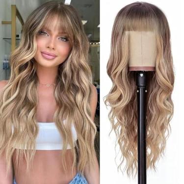 Imagem de Luxclipse Peruca longa preta com franja para mulheres, cabelo humano ondulado, resistente ao calor, leve, sem emaranhados, perfeita para cosplay, festas e uso diário (loiro ombre, 66 cm)