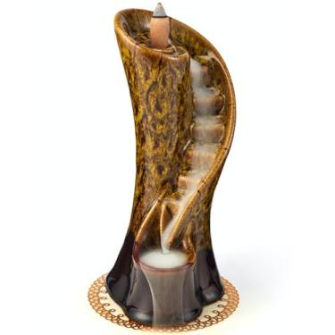 Imagem de LAMDAWN Suporte exclusivo para incenso em cascata de cerâmica Cloud Stairs, combinado com um pacote de cones de incenso de refluxo. (Fambe Yellow)