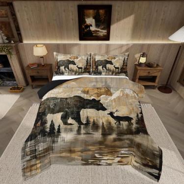 Imagem de Feelyou Conjunto de edredom rústico com urso, cervo, fazenda, floresta, vida selvagem, animal, urso, tamanho Queen, para crianças, meninos, meninas, lua e montanha