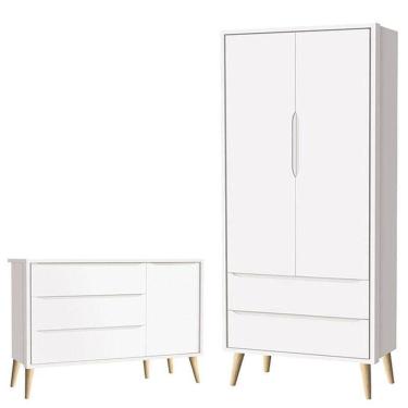 Imagem de Cômoda Infantil Com Porta E Guarda Roupa 2 Portas Theo Branco Acetinado Pés Madeira Natural ? Reller