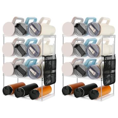 Imagem de Beautyflier Organizador de garrafa de água para copo Stanley de 1,134 g, suporte de armazenamento de copo de 4 camadas com bolsa de malha, suporte empilhável para garrafa de água, organizador de copos