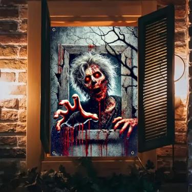 Imagem de BlissYard Capa de janela de zumbi Halloween Horror Window Cover Banner Bloody Monster Background for Door Wall Room Haunted House Decor 31,5 x 47,2 polegadas Assustador Interior Assustador Exibição