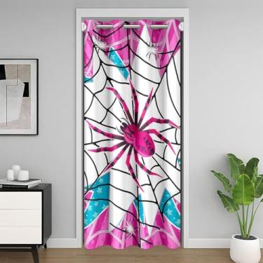 Imagem de Cortina de porta infantil aranha rosa, teia de aranha preta, cortina blecaute trippy para porta de quarto e sala de estar, cortina de porta de privacidade geométrica exclusiva com listras estrelas, 1