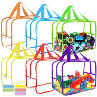 Imagem de 6 sacos de armazenamento de brinquedos extragrandes 31 x 24 x 17 cm com etiquetas, armazenamento de jogos de tabuleiro de PVC transparente reutilizável, bolsas organizadoras de viagem à prova d'água