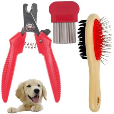 Imagem de Kit de Cuidados para Pets, Alicate de Unha 12cm, Escova Dupla para Pelos Longos e Pente Anti-Pulgas,