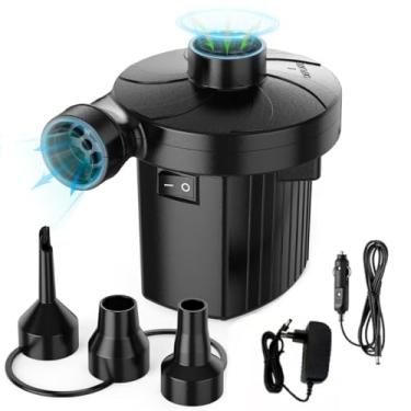 Imagem de Bomba de Ar Elétrica Portátil Turbo Bivolt, Infla e Esvazia Boias, Botes, Colchão e Piscina Inflável, Kit Bomba Infladora com 3 Bicos Adaptadores, Carregador Veicular e de Tomada, 50W, Preto