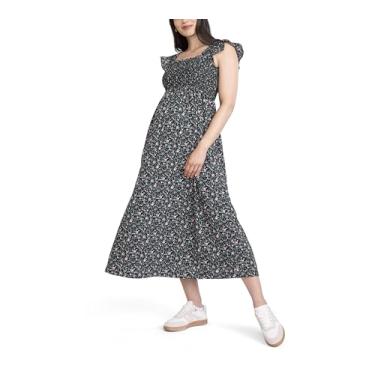 Imagem de Motherhood Maternity Vestido feminino sem mangas com babados e ombros franzidos para gravidez, Preto Ditsy Floral, M