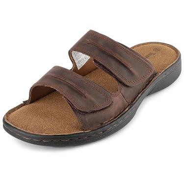 Imagem de TIESTRA Sandálias masculinas ajustáveis de couro confortáveis e leves para o verão com espuma viscoelástica sandálias casuais de praia sem cadarço para homens em ambientes internos e externos, Marrom