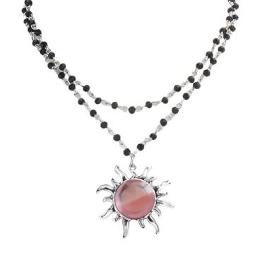 Imagem de Vanesseva Colar feminino com pingente de girassol com contas de dupla camada – joia de cristal celestial boho, colar de sol de pedra colorida, estilo hippie gótico bruxo, opala e pedra da lua, Zinco