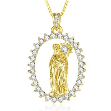 Imagem de AulanRose Colares de Virgem Maria para mulheres de ouro, presentes de aniversário de Natal para esposa, colar com pingente de medalha milagrosa banhado a ouro 14K 18K joia católica presente para ela,