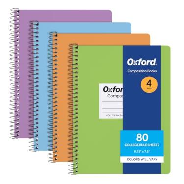 Imagem de Oxford Cadernos de composição espiral, pacote com 4, papel pautado universitário, 22,3 x 19,5 cm, 80 folhas, capas pastel sortidas (64947)