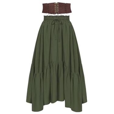 Imagem de PARTTELY Fantasia renascentista feminina, saia maxi renascentista rodada com bolsos espartilho cinto para Halloween